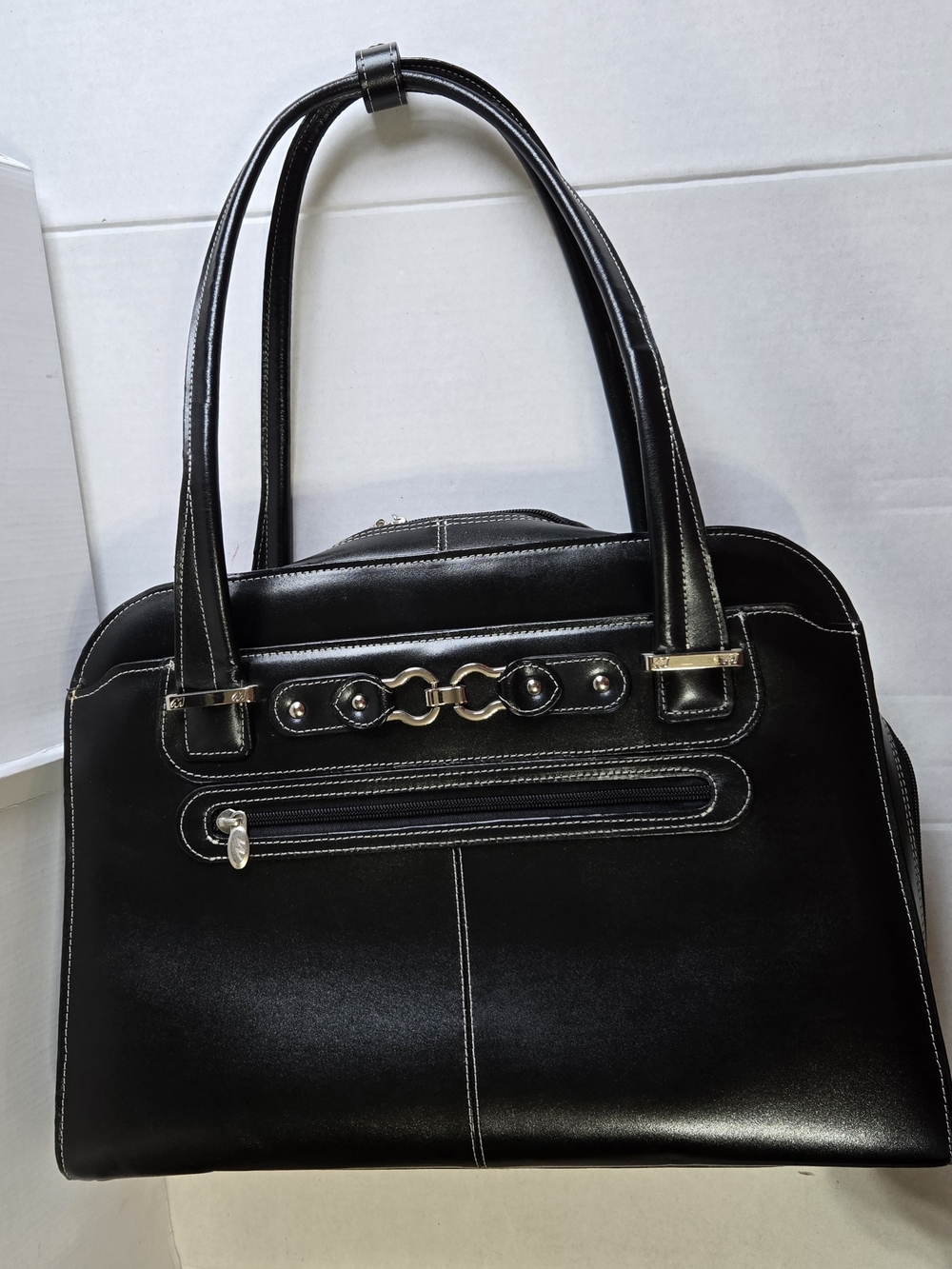 McKlein Oak Grove Leather Laptop Briefcase Black with Silver Hardware